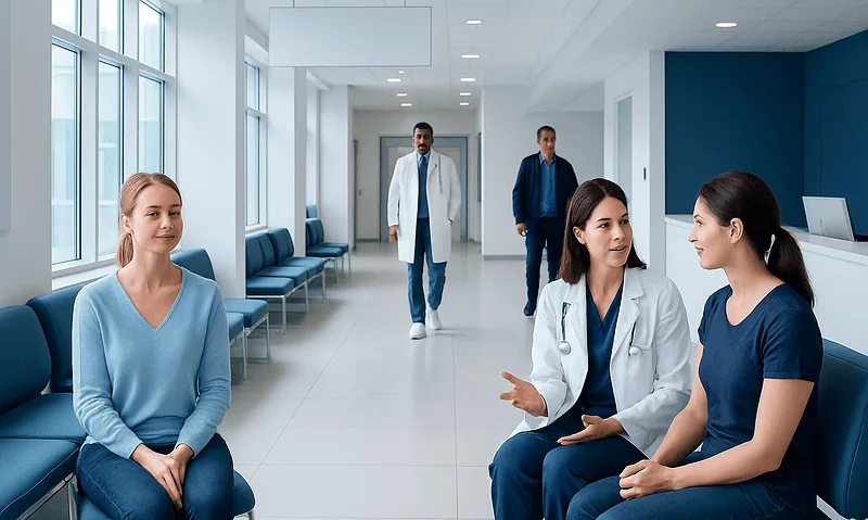 Patients waiting and medical staff consulting in a modern hospital corridor.