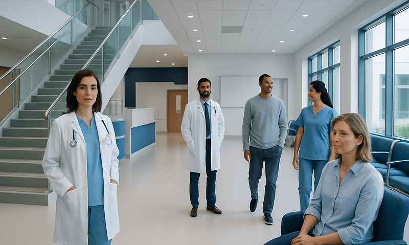 Medical team in hospital lobby with patient and staff members.