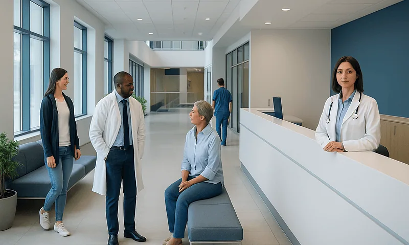Medical consultation in a modern hospital lobby with healthcare professionals and patient.