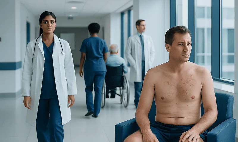 Patient waiting in hospital corridor with medical staff nearby.