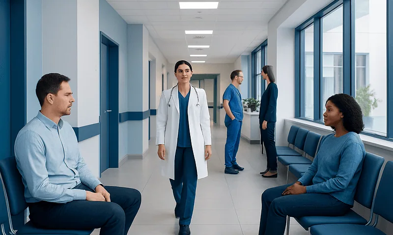 Medical professionals and patients in a hospital corridor.