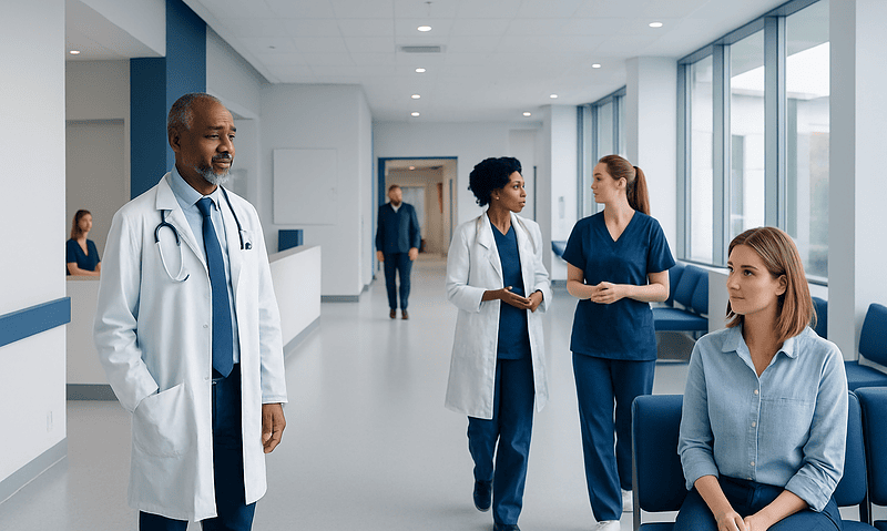 Medical team in hospital corridor with doctor and nurses.