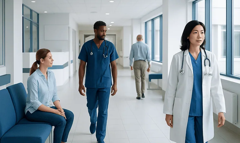 Medical staff in hospital corridor with patients and doctors.