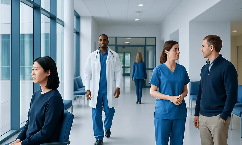 Medical professionals and patient in a modern hospital corridor.