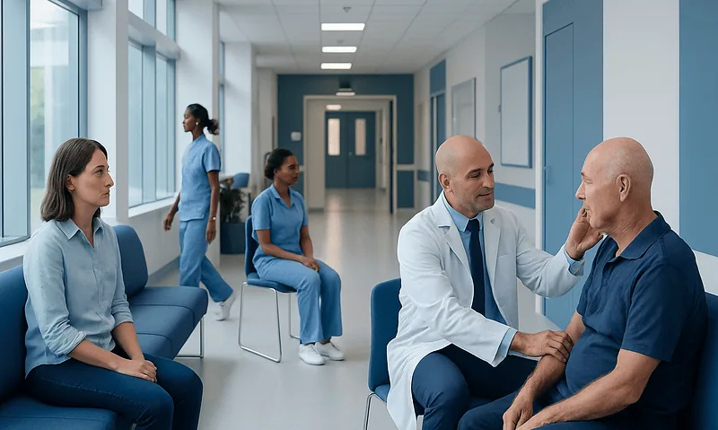 Sebaceous Hyperplasia: Diagnosis, Outlook, and Modern Treatment Approaches 3 Medical consultation in a hospital corridor with healthcare professionals and patient.