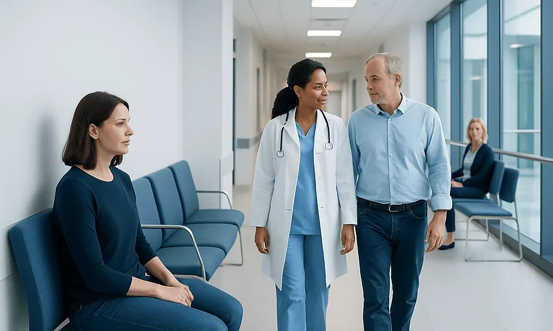 Medical consultation in a modern hospital corridor with doctor and patients.
