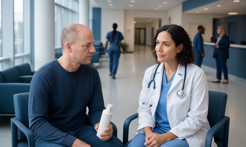 Doctor consulting with patient in hospital lobby.