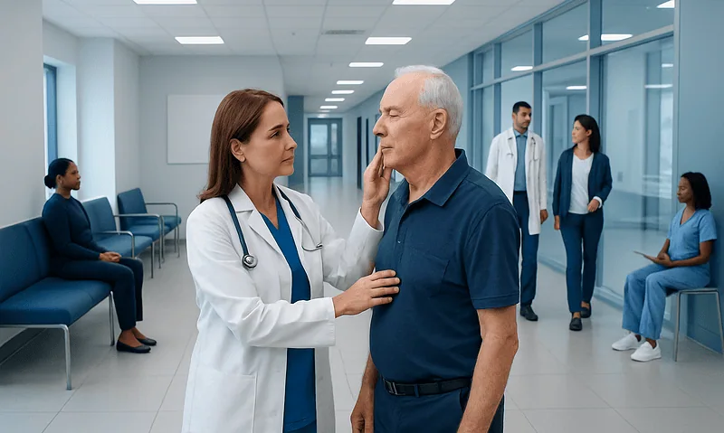 Doctor examining an elderly male patient in a hospital corridor.