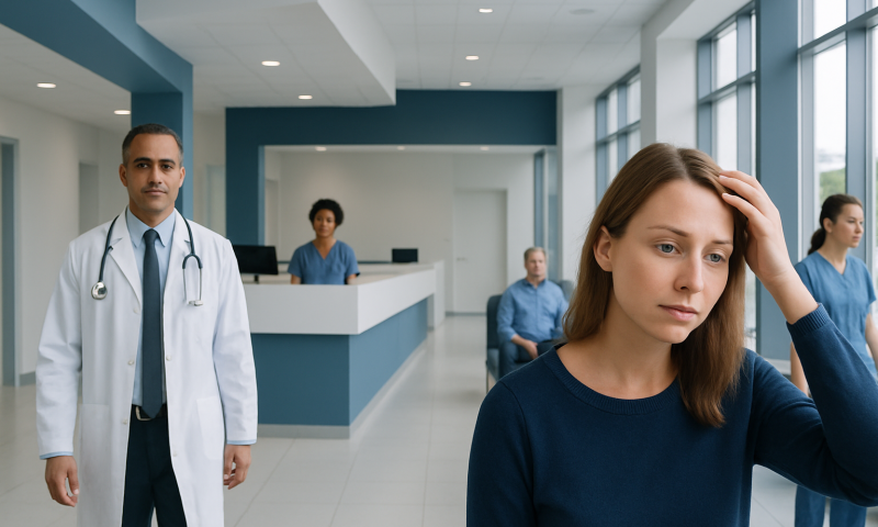 Patient experiencing scalp issues in a hospital waiting area.