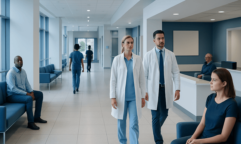 Medical staff and patients in a modern hospital corridor.