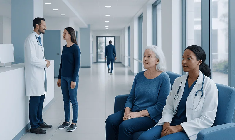 Medical consultation in a modern hospital corridor with doctors and patients.