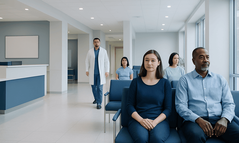 Patients waiting in a modern hospital lobby at Acibadem Hospitals Group.