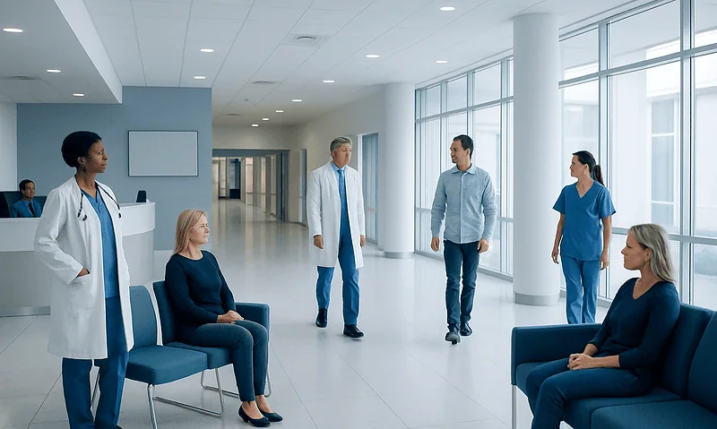 Medical team discussing patient care in hospital corridor.