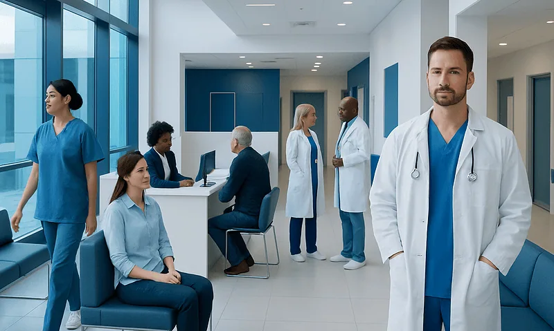 Modern hospital interior with medical staff and patients in a healthcare setting.