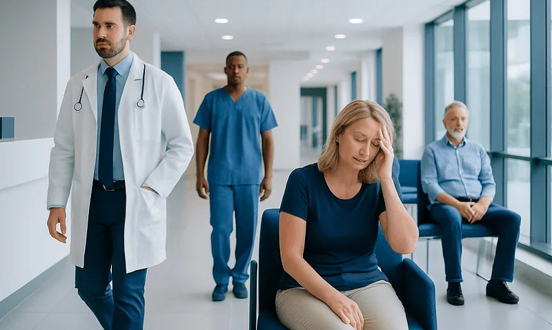 Patient experiencing headache in hospital corridor with medical staff nearby.