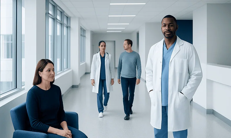 Medical professionals and patient in a hospital corridor at Acibadem Hospitals Group.