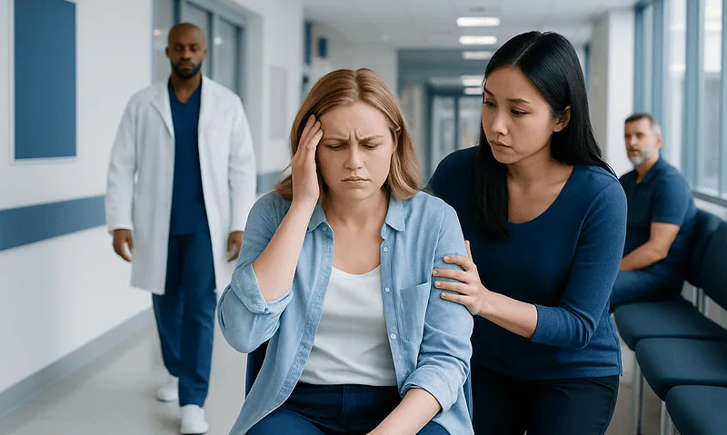Young woman experiencing headache in hospital corridor with medical staff nearby.