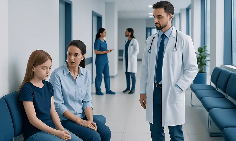 Doctor talking to a young girl and her mother in a hospital corridor.