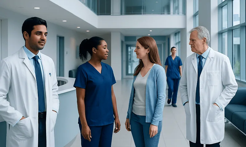Hospital staff and patient engaging in conversation in a modern healthcare facility.