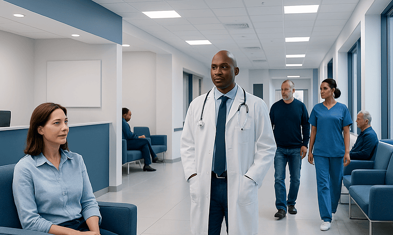 Medical professionals and patients in a modern hospital waiting area.