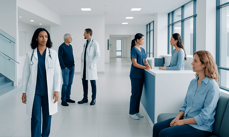 Healthcare professionals and patients in a modern hospital reception area.