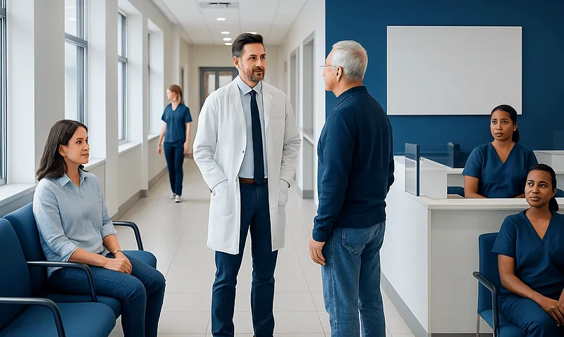 Doctor consulting with a patient in a hospital corridor with staff in the background.