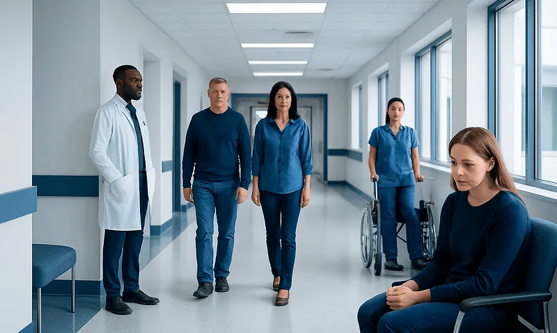 Medical team and patient in hospital corridor at Acibadem Hospitals Group.