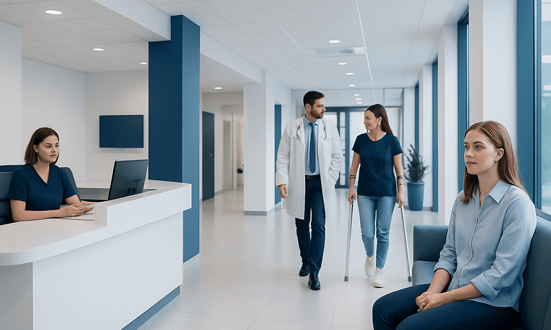 Modern hospital reception area with staff and patients.