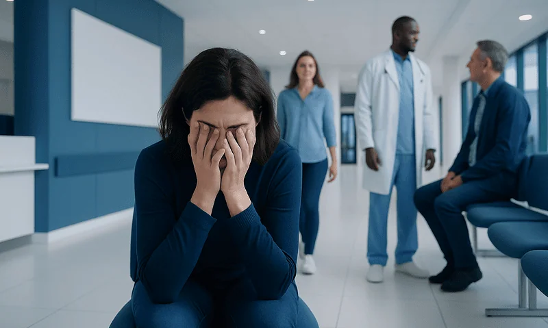 Patient distressed in a hospital waiting area with medical staff nearby.