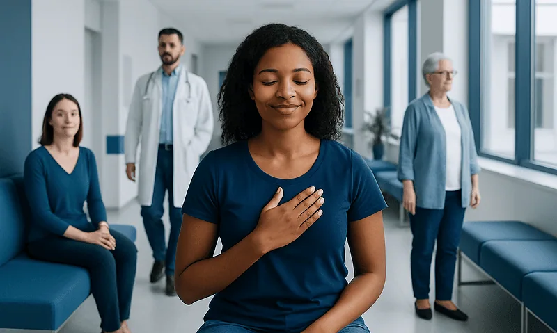 Young woman practicing self-love in a healthcare setting with medical staff nearby.