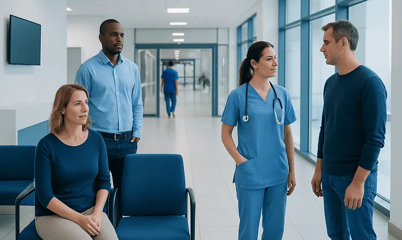 Medical team discussing patient care in hospital corridor.