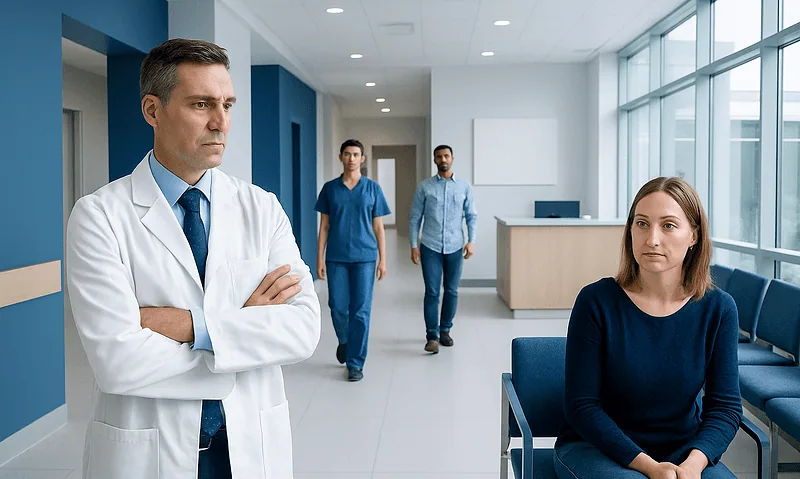 Doctor and patient in hospital corridor with staff in background.