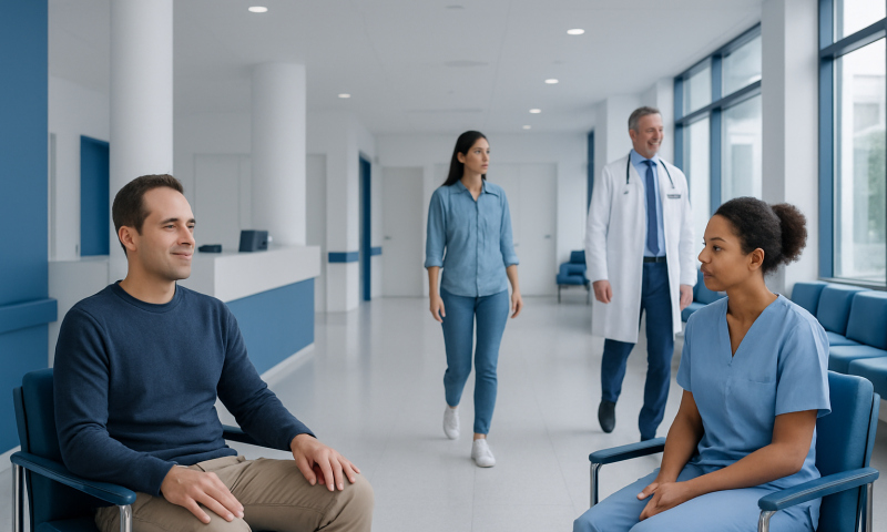Selling Plasma: What Patients Need to Know 6 Patient and nurse in hospital corridor with doctor in background.