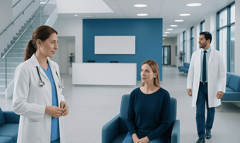 Medical consultation in a modern hospital lobby with doctor and patient.