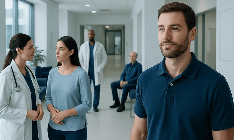 Medical team discussing patient care in hospital corridor.