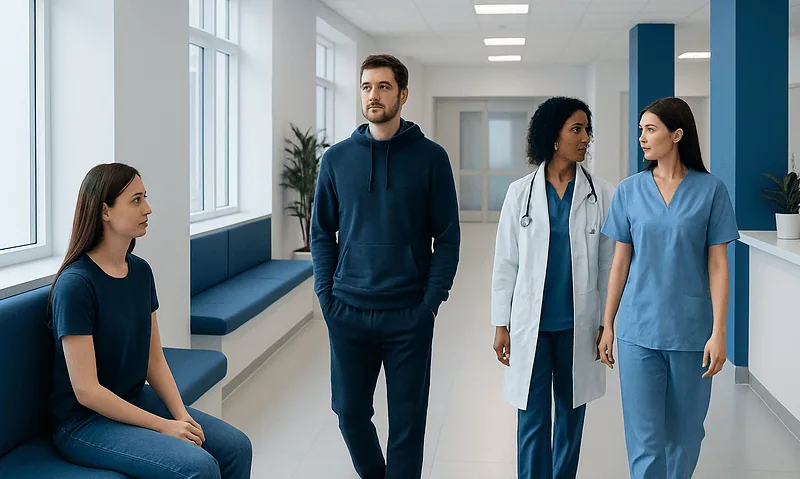 Semen Retention: What Patients Need to Know 6 Patients and medical staff in a hospital corridor at Acibadem Hospitals Group.