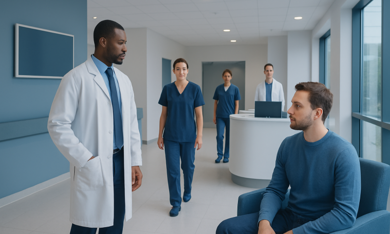 Doctor consulting male patient in modern hospital corridor.