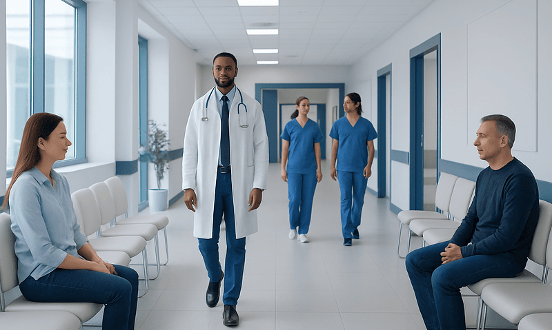 Medical team consulting patients in a hospital corridor.