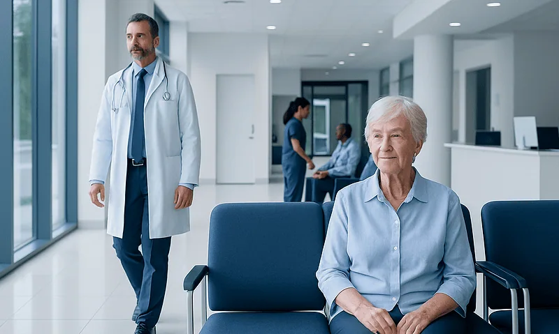 Elderly woman waiting in hospital lobby with doctor nearby.