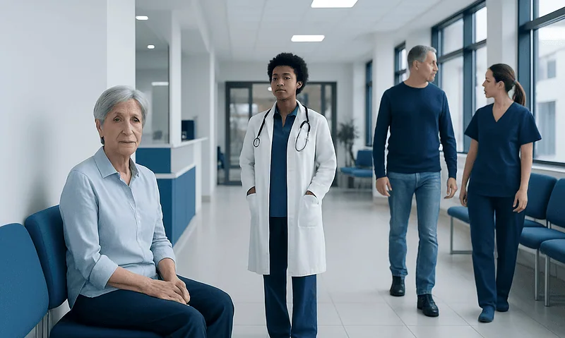 Patient waiting in hospital corridor with medical staff and visitors.