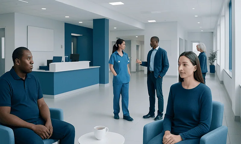 Patients waiting in a modern hospital lobby with medical staff nearby.