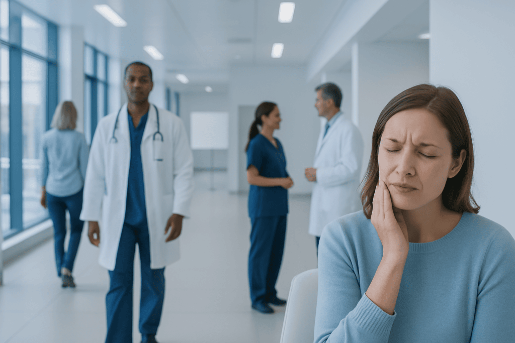 Sensitive Teeth: What Patients Need to Know 1 Woman with tooth pain in a hospital corridor with medical staff in the background.