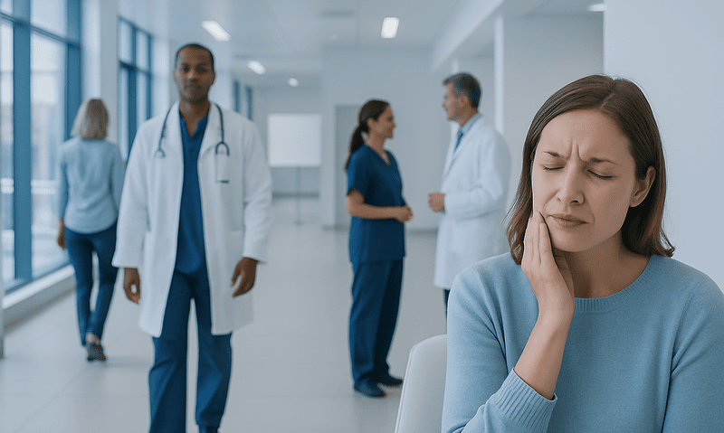 Woman with tooth pain in a hospital corridor with medical staff in the background.