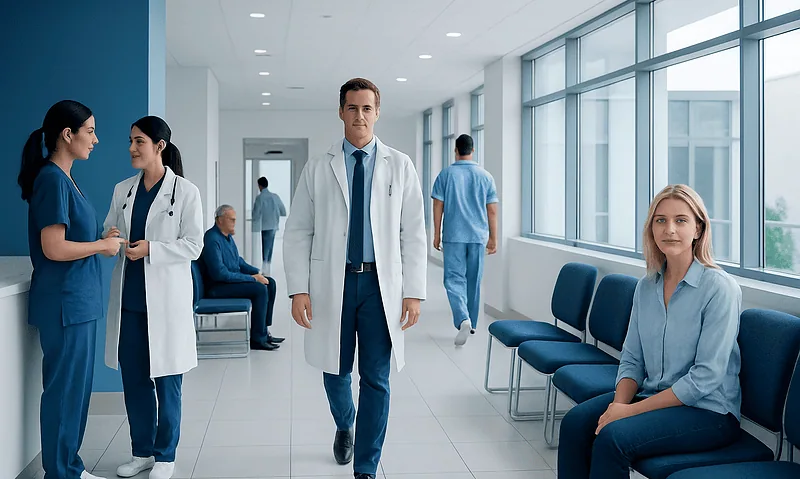 Medical professionals and patient in a modern hospital corridor.
