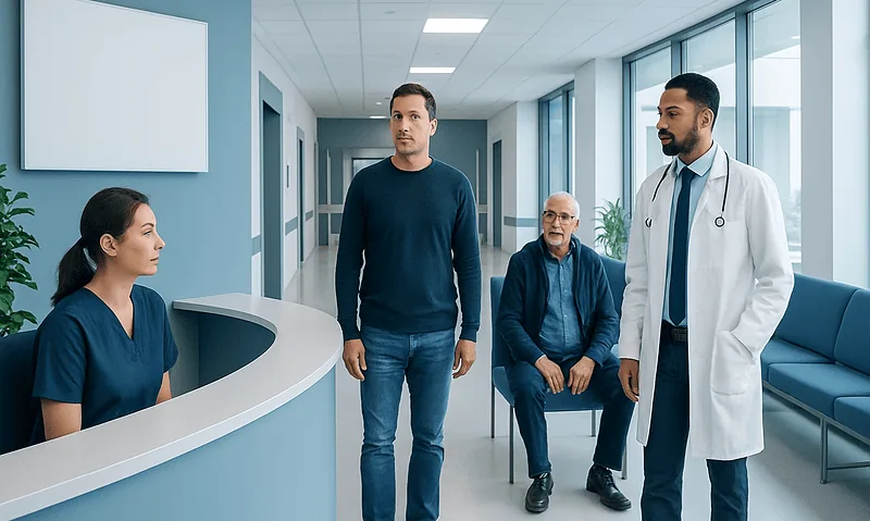Medical consultation in a modern hospital corridor with healthcare professionals and patient.