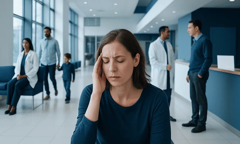 Woman experiencing sensory overload in a hospital lobby with medical staff nearby.