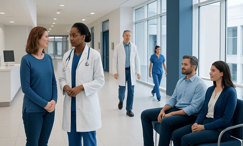 Medical team consulting in hospital corridor with patients and staff.