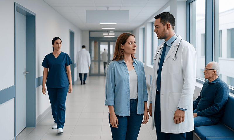 Doctors and nurse in hospital corridor discussing patient care.
