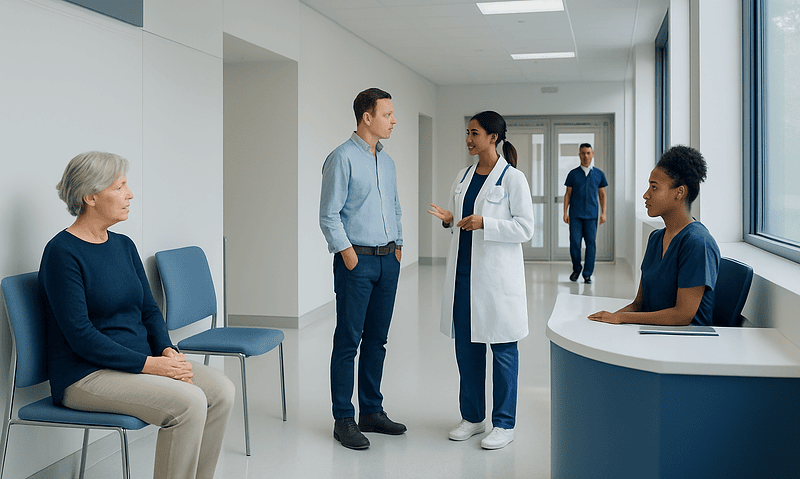 Doctor consulting with patient in hospital corridor with nurse and staff in background.