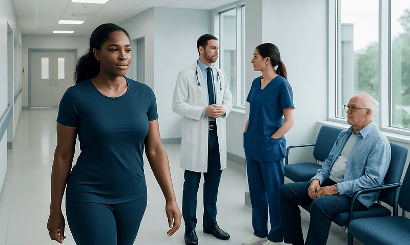 Diverse group of medical professionals and patient in hospital corridor.